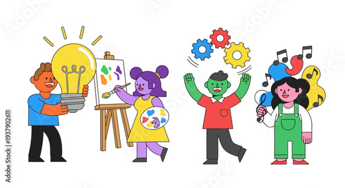 Creative people expressing artistic ideas and innovation through painting and technical skills in a lively environment from a front viewpoint