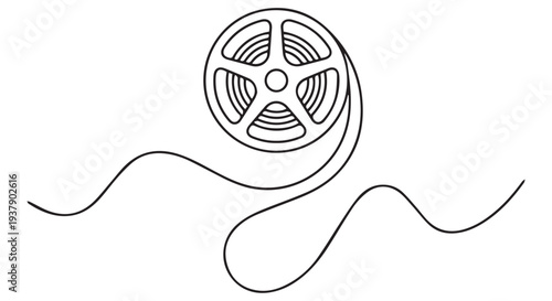 Simple line art illustration of a film reel unwinding on a Transparent Background, showcasing a minimalist design.
