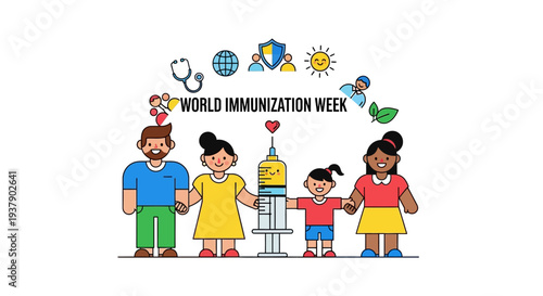 Family with children standing together celebrating World Immunization Week with medical symbols and syringe illustration