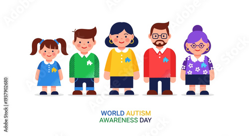 Diverse group of cartoon characters standing together for World Autism Awareness Day illustration