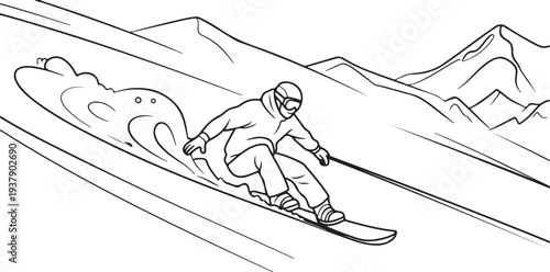 Vector illustration. An experienced snowboarder descends from the mountain. Line drawing. Editable stroke