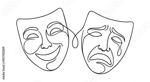 Simple line drawing of comedy and tragedy masks side by side on Transparent Background, symbolizing theater and drama.