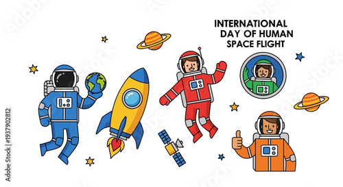 Astronauts in Space Suits Floating Near Rocket on International Day of Human Space Flight Celebration