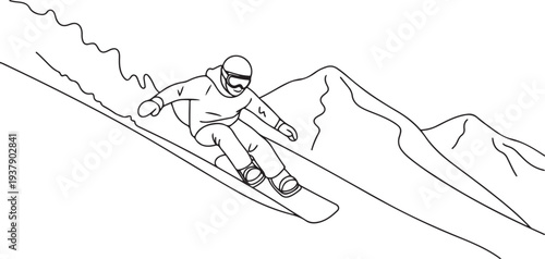 Vector illustration. An experienced snowboarder descends from the mountain. Line drawing. Editable stroke