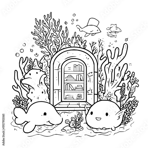 Beluga whales underwater library coral reef ocean sea illustration line art cartoon