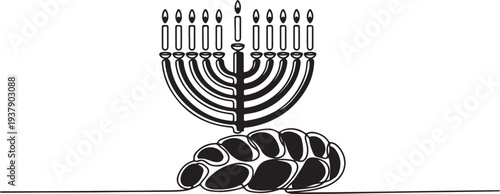 Vector illustration. The Jewish holiday of Hanukkah. The candlestick. Bread. Editable stroke