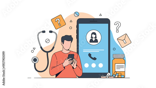 Telemedicine and digital health concept shows a man using his smartphone to consult with a doctor through a medical application.