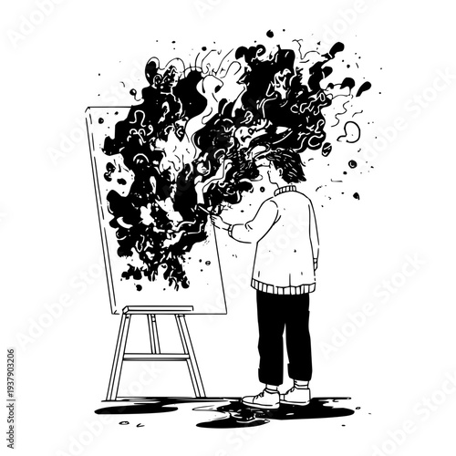 Man painting chaotic black art on canvas messy creative expression abstract illustration