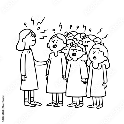 Woman scolding shocked girls cartoon illustration line art black and white vector