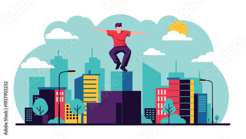 Skilled parkour athlete performs an impressive jump across urban buildings in a vibrant city landscape during a sunny day.