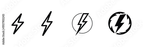 Lightning bolt energy icon collection featuring outline and solid styles, electric power flash symbols for charging speed and electricity concepts, clean modern vector set suitable for web interfaces