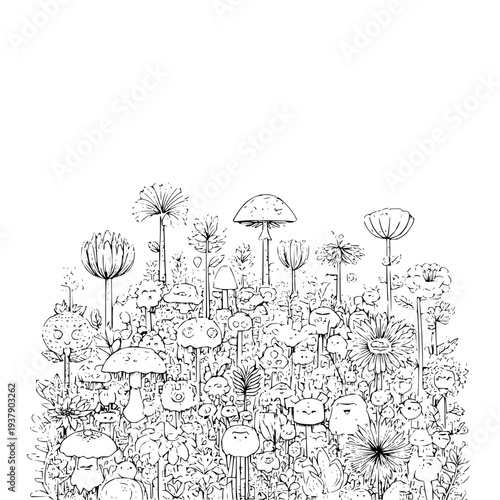 Black and white line drawing of mushrooms and flowers illustration fungi plants