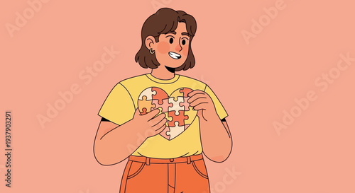 Woman holding a heart-shaped puzzle piece, smiling, in a minimalist vector illustration style, from a front viewpoint