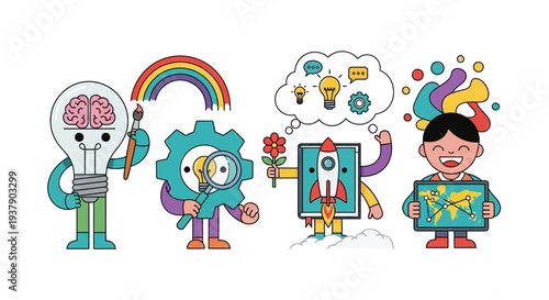 Creative Characters Embracing Innovation and Technology in a Vibrant Scene with Illustration Elements