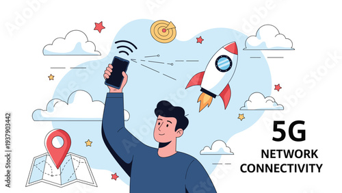 5G network connectivity is represented by a man holding up a smartphone with high-speed data, a rocket, and map navigation icons.