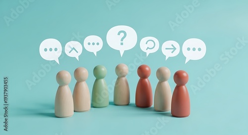 Group of wooden figures with speech bubbles above them discussing and questioning various topics in a collaborative environment from a front viewpoint.