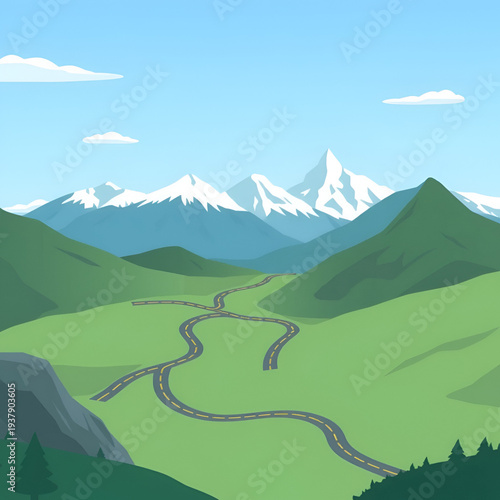 An animated depiction of a convoluted route with mountains in the backdrop