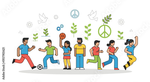 Diverse group of people engaging in various sports activities surrounded by peace symbols and leaves in a lively illustration