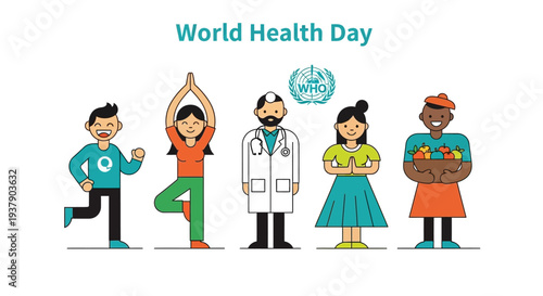 Diverse individuals practicing yoga and wellness on World Health Day illustration