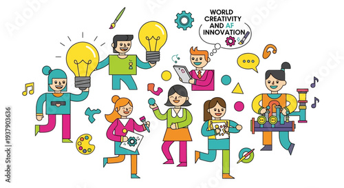 Creative people with light bulbs and thought bubbles in a vibrant, dynamic illustration scene from a top-down viewpoint