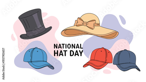 National Hat Day features a collection of stylish headwear including a top hat, sun hat, and various colorful baseball caps.