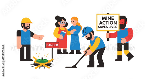 Demining operation workers clearing landmines in a hazardous area with caution signs and safety gear