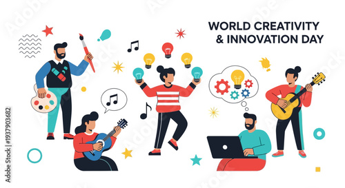 Creative individuals celebrating World Creativity and Innovation Day with diverse artistic expressions