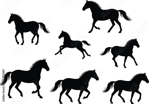Black silhouettes set of wild horses galloping and running in various dynamic poses isolated on white background for equestrian sports and nature design.