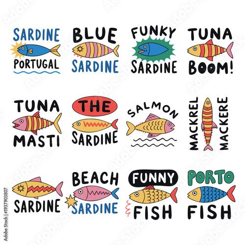 Vibrant Hand-Drawn Cartoon Fish and Sardine Vector Illustration Set on white background
