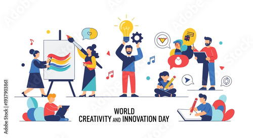 Diverse group of people collaborating and celebrating creativity and innovation together in a vibrant environment