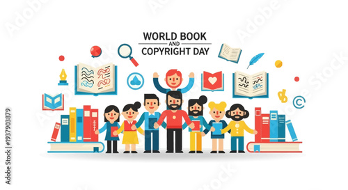Diverse group of people celebrating World Book Copyright Day surrounded by books and literary symbols