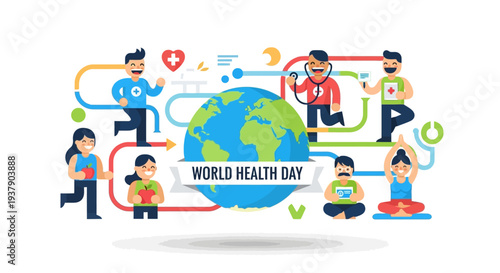 Diverse healthcare professionals collaborating globally on World Health Day around the globe with medical icons and earth illustration