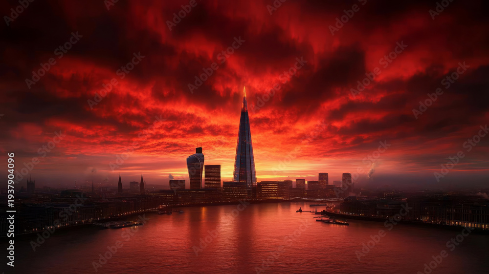 Fototapeta premium Sunset cityscape, dramatic sky, river, modern skyscraper, illuminated buildings