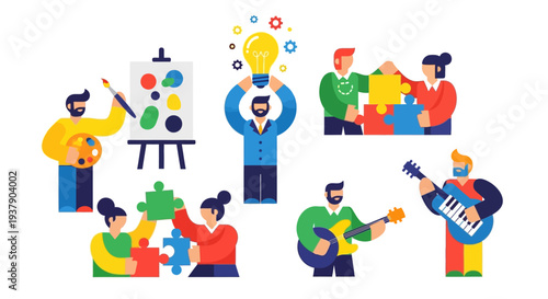 Creative people engaging in various artistic activities and hobbies together in a vibrant environment Whisk eps