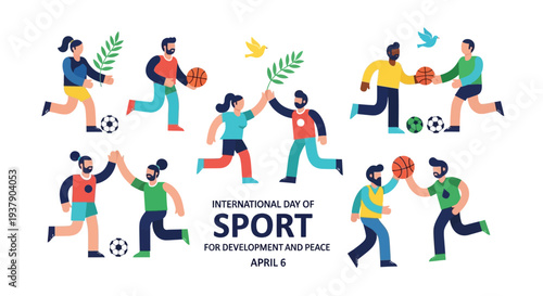 Dynamic illustration of individuals engaging in various sports activities, promoting health and unity on International Day of Sport for Development and Peace