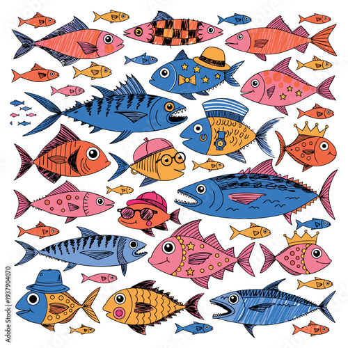 Whimsical Cartoon Fish Collection Vector Illustration on white background