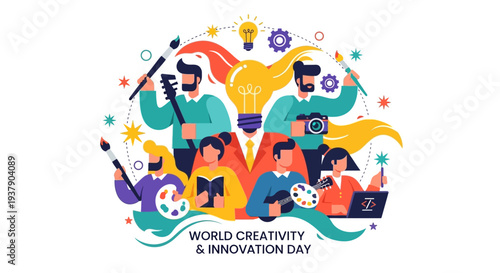 Creative people celebrating World Creativity and Innovation Day with colorful illustrations and diverse artistic expressions