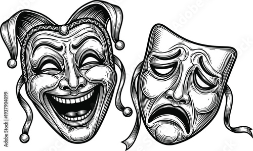 Classic theater drama masks comedy and tragedy vector illustration in hand drawn engraving sketch style isolated on white background for arts performance acting stage.
