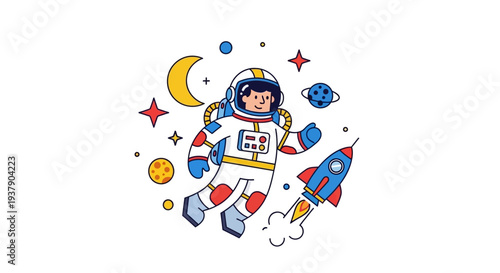 Astronaut floating in space with rocket, stars, and moon surrounding the character in a whimsical illustration