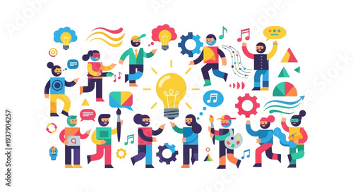 Diverse People Celebrating Innovation and Creativity with Bright Ideas Surrounding a Central Lightbulb Illustration