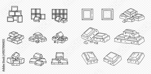 Set of various chocolate bar pieces and squares in outline style, isolated on transparent background.