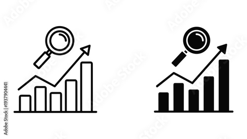 Magnifying glass over upward trending bar chart, representing data analysis and financial growth.