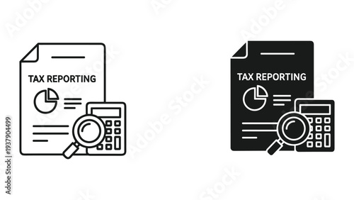 Tax Reporting Icon: Magnifying Glass, Calculator, and Pie Chart on Document