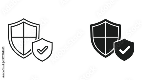 Shield icons with checkmark, security and safety symbols, set in line art and solid fill