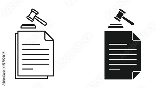 Legal documents and judge's gavel icon set, outline and solid black fill, concept of justice