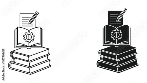 Stack of Books with Open Book, Cogwheel, Paper, and Pencil Icon