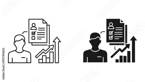 Business Growth and Personal Development Icon Set: Silhouette Human Figure with Checklist and Upward Trending Bar Graph