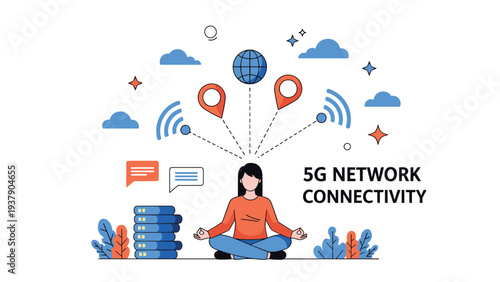 Futuristic 5G network connectivity concept with a woman meditating while surrounded by internet signals and global communication symbols.