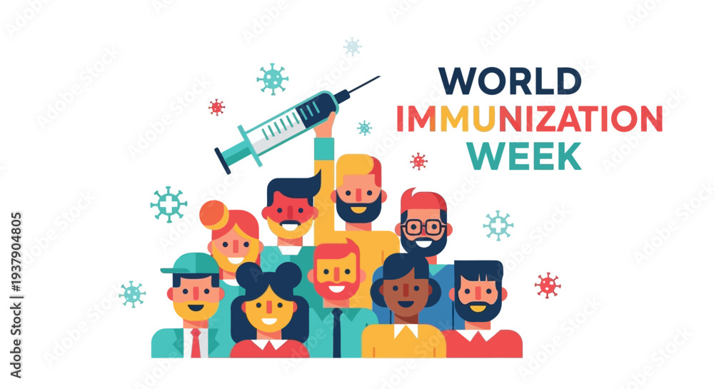 Fototapeta premium Diverse group of people celebrating World Immunization Week with a syringe and stars