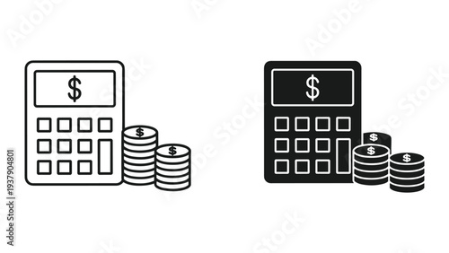 Calculator and Stacked Coins Icon with Dollar Sign - Finance and Business Concept